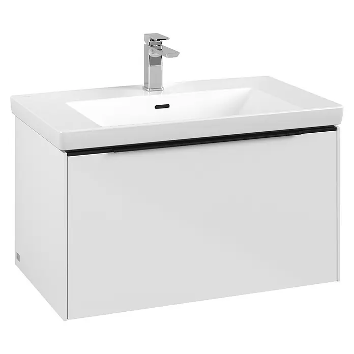 Villeroy & Boch Subway 3.0 Waschbeckenunterschrank - Brilliant White, Anzahl Schubladen: 1 Stk., Farbe Griff: Volcano Black, B x T x H: 77,2 x 47,8 x 42,9 cm - Weißer wandmontierter Waschtischunterschrank mit integriertem Waschbecken und Chromarmatur.