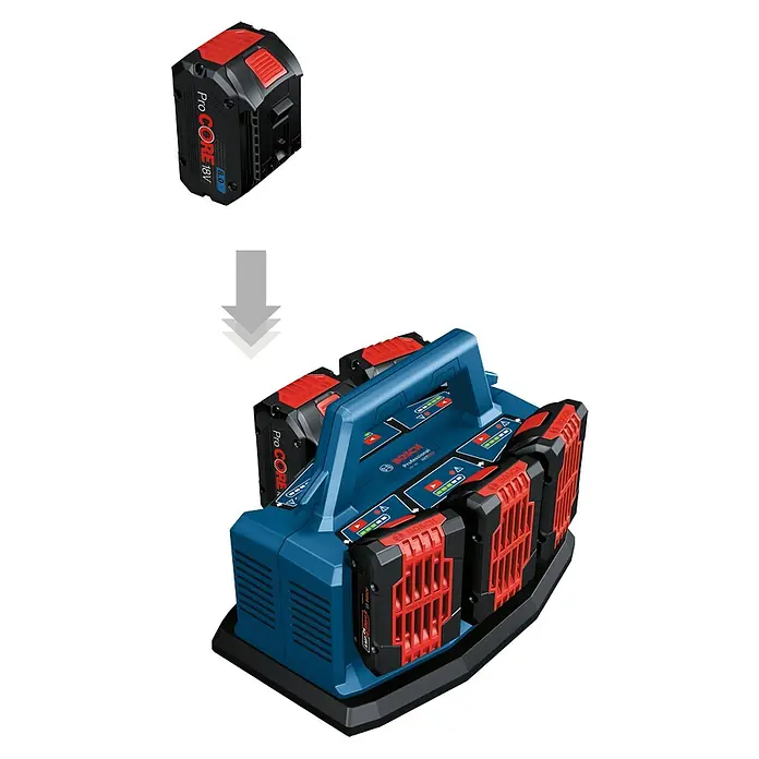 Bosch Professional AMPShare 18V Batterie-Ladegerät GAL 18V6-80 - Passend für: Bosch Professional 18 V Akku - Bosch ProCORE 18V Akku wird in ein Mehrfachladegerät eingesetzt, das bis zu vier Akkus gleichzeitig aufladen kann.