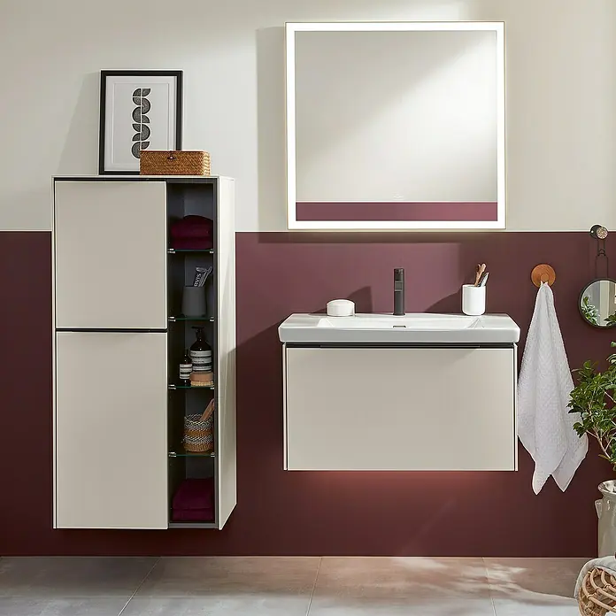 Villeroy & Boch Subway 3.0 Seitenschrank - B x T x H: 57,4 x 36,2 x 120 cm, Cashmere Grey, DIN Anschlag: Links, Farbe Griff: Volcano Black - Badezimmer mit Waschtischunterschrank, Spiegelschrank und Hochschrank in harmonischer Farbgebung für ein stilvolles Ambiente.