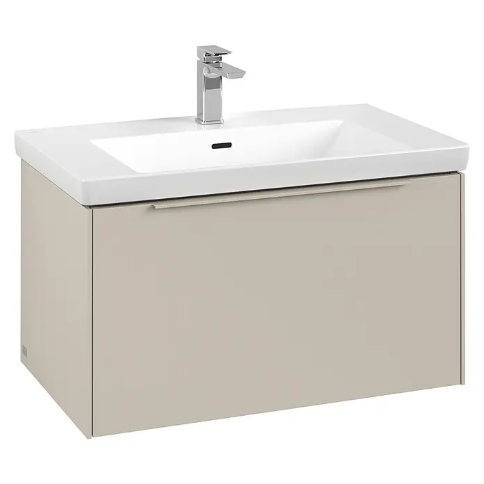 Villeroy & Boch Subway 3.0 Waschbeckenunterschrank - Cashmere Grey, Anzahl Schubladen: 1 Stk., Farbe Griff: Monochrom, B x T x H: 77,2 x 47,8 x 42,9 cm - Beiger Badezimmerschrank mit weißem Keramikwaschbecken und Chromarmatur.