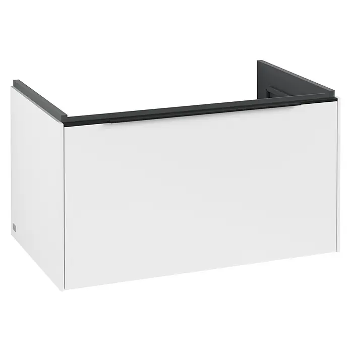 Villeroy & Boch Subway 3.0 Waschbeckenunterschrank - Pure White, Anzahl Schubladen: 1 Stk., Farbe Griff: Volcano Black, B x T x H: 77,2 x 47,8 x 42,9 cm - Weißer Wandschrank-Unterschrank mit dunkelgrauer Kante.