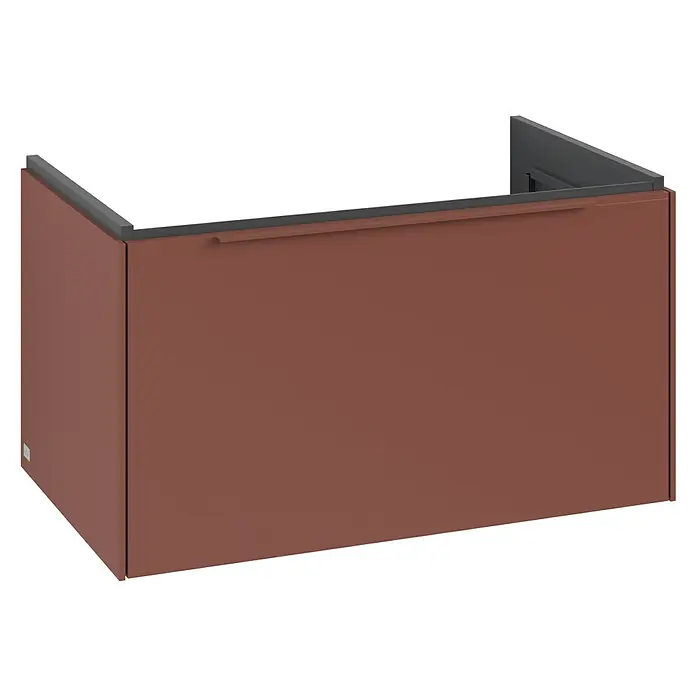 Villeroy & Boch Subway 3.0 Waschbeckenunterschrank - Wine Red, Anzahl Schubladen: 1 Stk., Farbe Griff: Monochrom, B x T x H: 77,2 x 47,8 x 42,9 cm - Brauner wandmontierter Schrank mit schwarzem Rand und integriertem Griff.