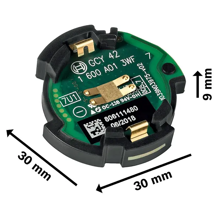 Bosch Professional Basismodul GCY 42 - Passend für: Bosch SimplyConnected Geräte - Nahaufnahme einer Bosch GCY 42 Platine mit den Maßen 30x30mm, ideal für Elektronikprojekte und Reparaturen.