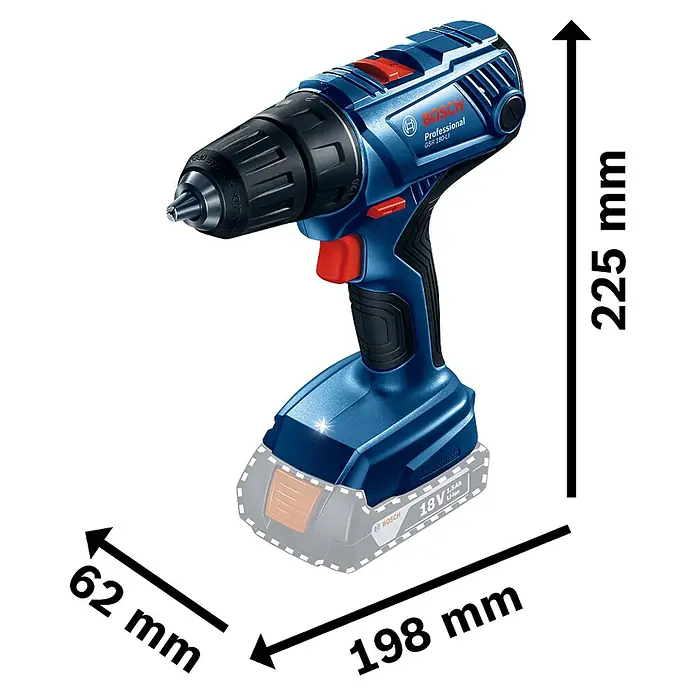 Bosch Professional AMPShare 18V Akku-Bohrschrauber GSR 18V-21 - 18 V, Ohne Akku, Ohne Koffer - Abbildung eines blauen Bosch Professional GSR 180-LI Akku-Bohrschraubers mit Maßangaben zu seiner Größe.