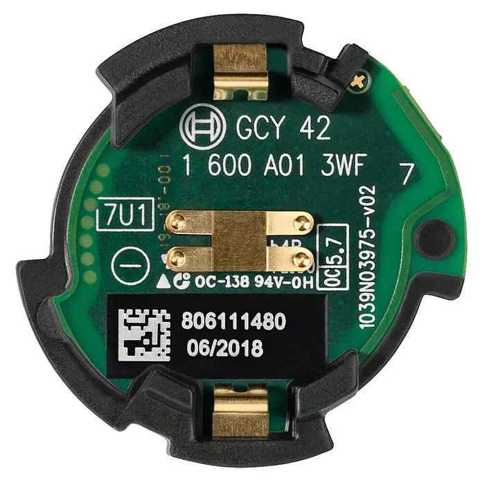 Bosch Professional Basismodul GCY 42 - Passend für: Bosch SimplyConnected Geräte - Nahaufnahme einer Bosch GCY 42 Platine mit Modellnummer, Seriennummer und Fertigungsdatum für detaillierte Produktidentifikation.
