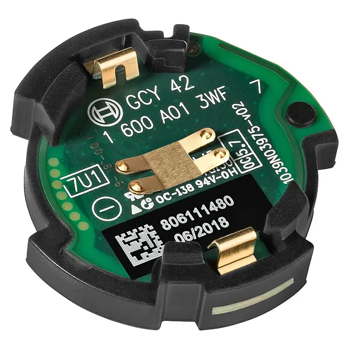 Bosch Professional Basismodul GCY 42 - Passend für: Bosch SimplyConnected Geräte - Nahaufnahme einer Bosch-Platine mit der Aufschrift GCY 42, 1 600 A01 3WF, 1039N03975-V02 und einem QR-Code.