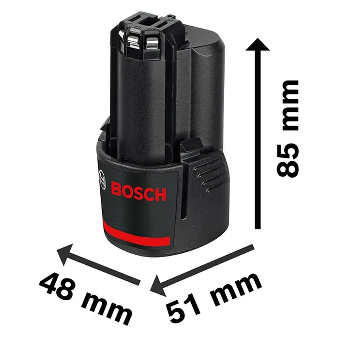 Bosch Professional Akku GBA 12V 3.0Ah - 12 V, 3 Ah - Abbildung einer Bosch-Akku mit Maßangaben.