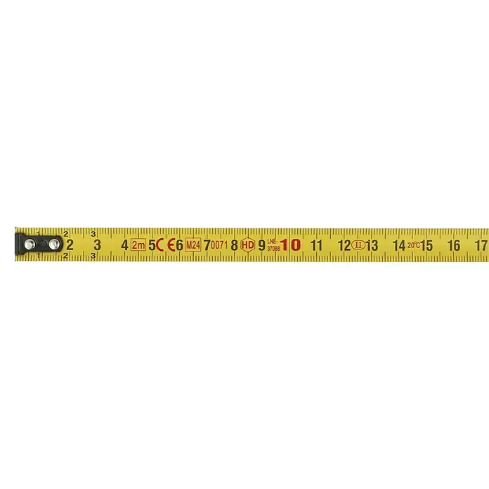 Wisent Kapselmaßband - 2 m, Ausstattung: Spikes-Haken - Gelbes, metallisches Maßband mit schwarzen Markierungen und Zahlen, zum Messen ausgezogen.