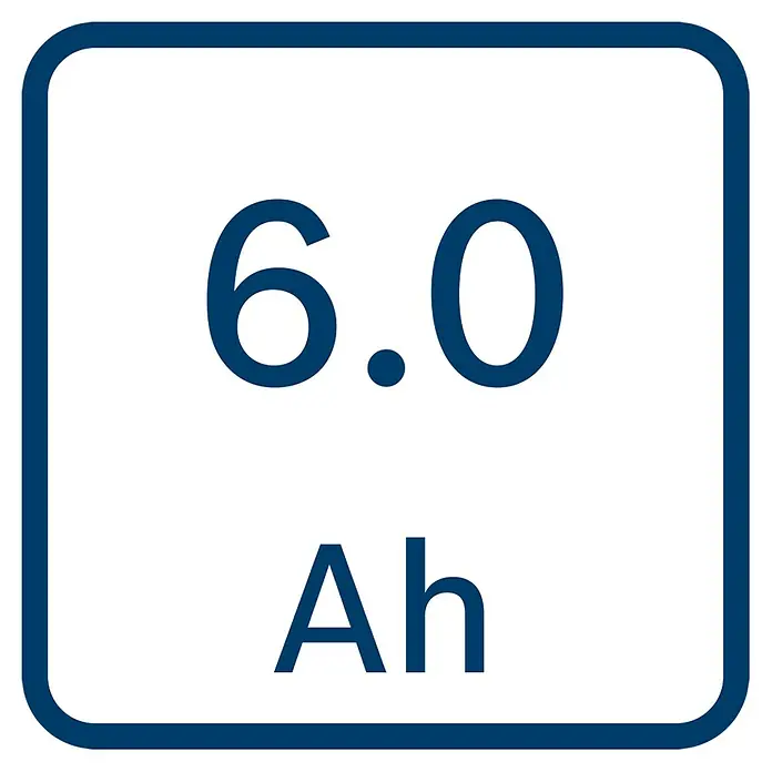 Bosch Professional Akku - 12 V, 6 Ah - Abbildung einer Batterie mit 6.0 Ah Leistung, dargestellt auf einem quadratischen Etikett mit blauem Rahmen.