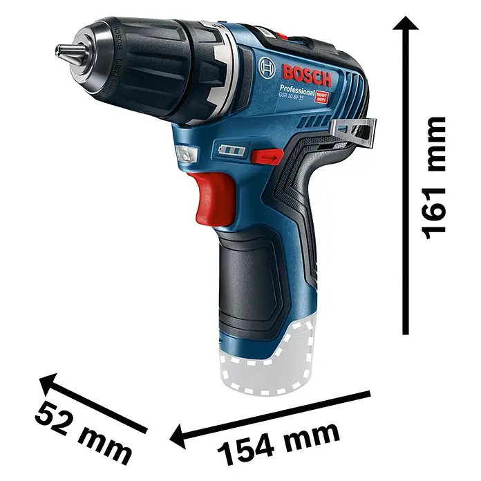 Bosch Professional Akku-Bohrschrauber GSR 12V-35 - 12 V, Ohne Akku - Abbildung eines Bosch GSR 10.8V-35 Akku-Bohrschraubers mit Maßangaben zu seiner Größe, die seine kompakte Bauweise hervorheben.