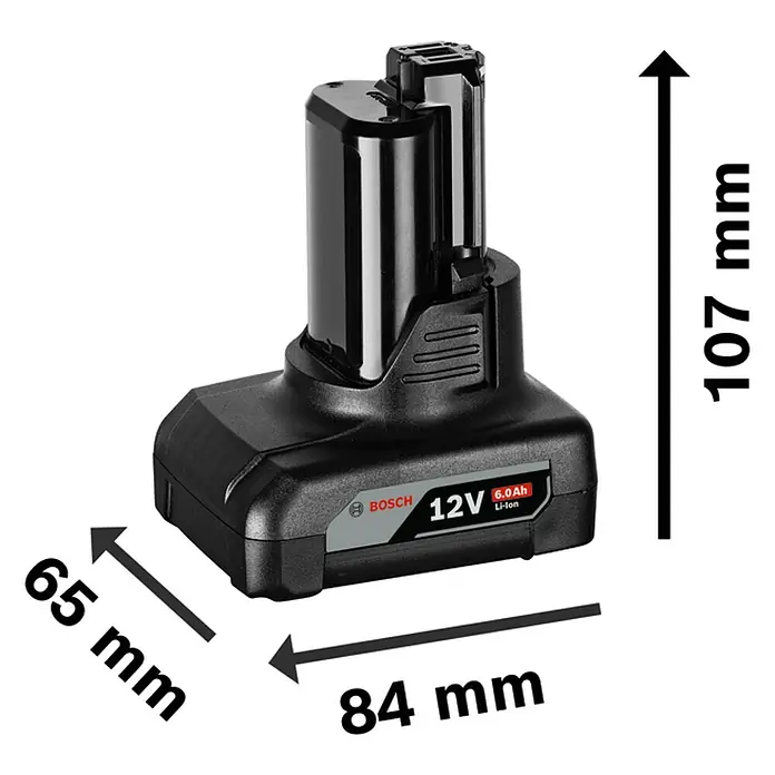 Bosch Professional Akku - 12 V, 6 Ah - Abbildung eines Bosch 12V 6.0Ah Li-Ion Akkus mit Größenangaben.