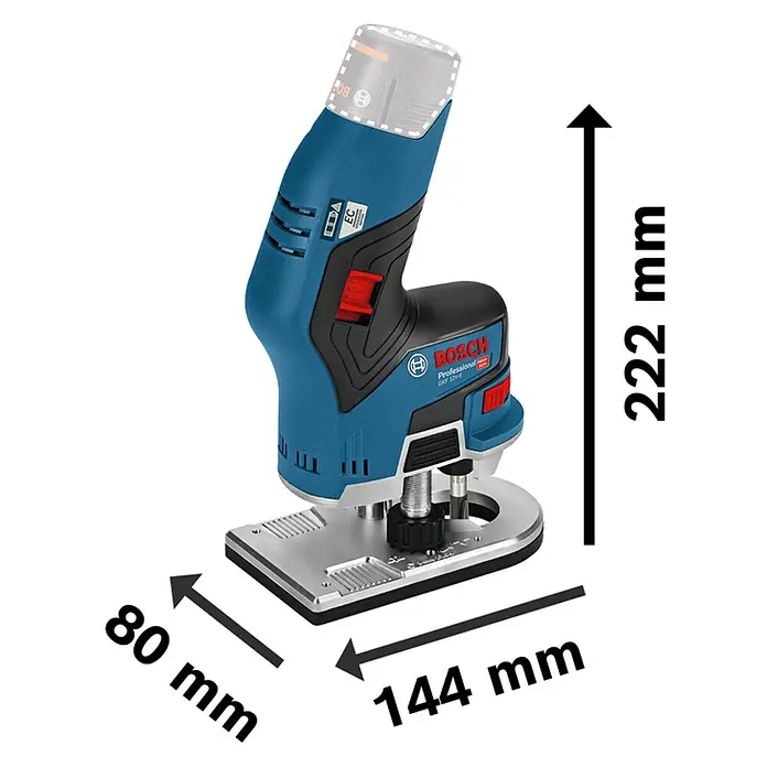 Bosch Professional Akku-Kantenfräser GKF 12V-8 - 12 V, Ohne Akku, Leerlaufdrehzahl: 13.000 U/min - Abbildung des Bosch GKF 12V-8 Akku-Kantenfräse, inklusive Maße: 222 mm Höhe, 144 mm Länge und 80 mm Breite.