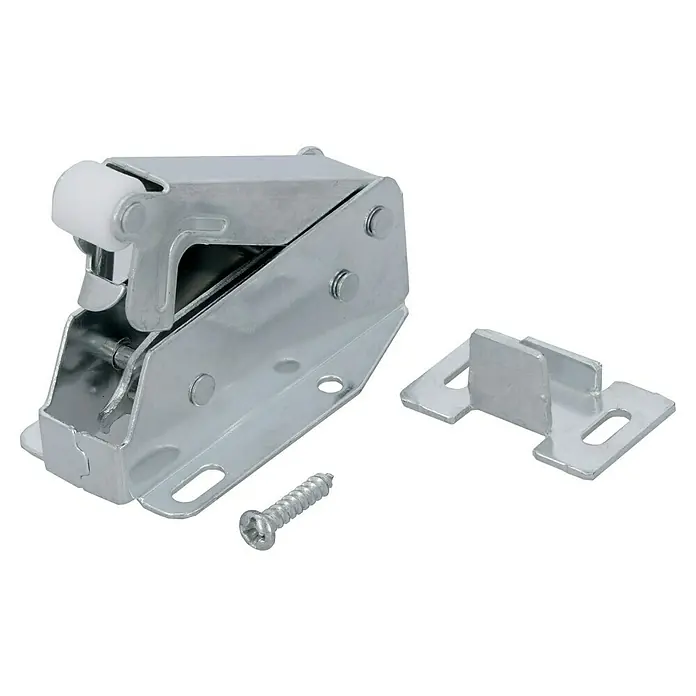 Suki Cerradura de resorte - L x An x Al: 57 x 28 x 18 mm, Zincado - Mecanismo de rodillo para puerta corredera de metal plateado con rueda de plástico blanca, guía metálica separada y un tornillo.