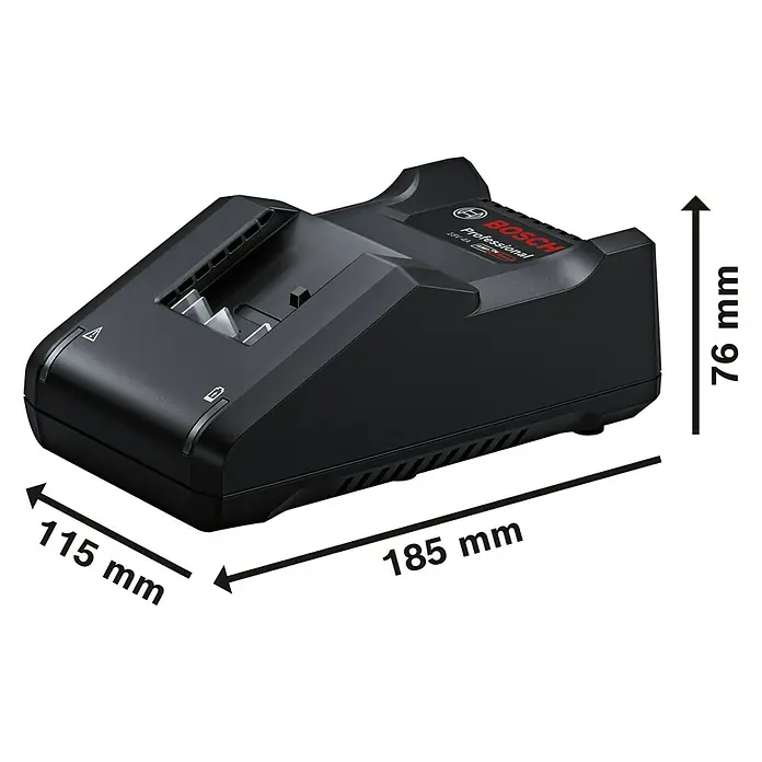 Bosch Professional AMPShare 18V Batterie-Ladegerät GAL 18V-40 - Passend für: Bosch Professional Li-Ionen-Akkus 14,4 V/18 V - Das Bild zeigt ein Bosch Professional 18V 4A Ladegerät mit den Maßen 115 mm Breite, 185 mm Länge und 76 mm Höhe.