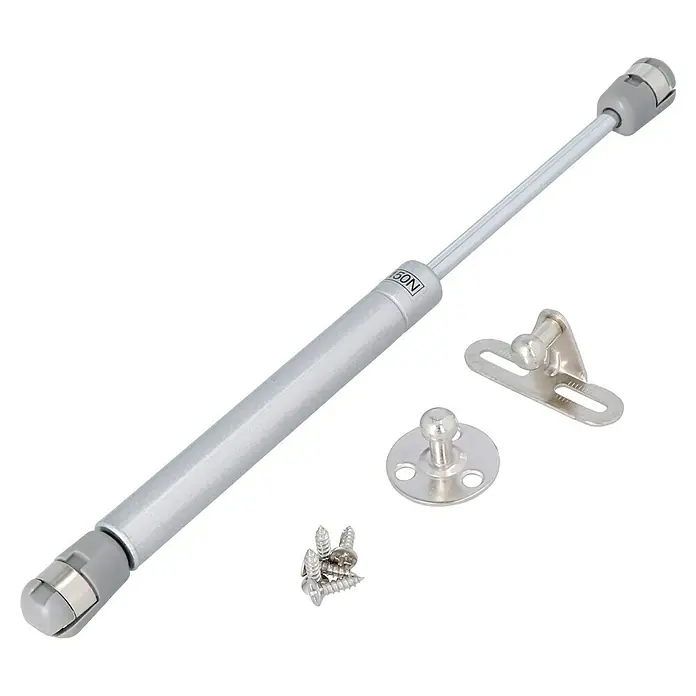 Suki Druckfeder 150 N - Länge: 26,7 cm, Federstärke: 150 N - Ein silberfarbener Gasdruckdämpfer mit Beschlägen und Schrauben für Möbelanwendungen.