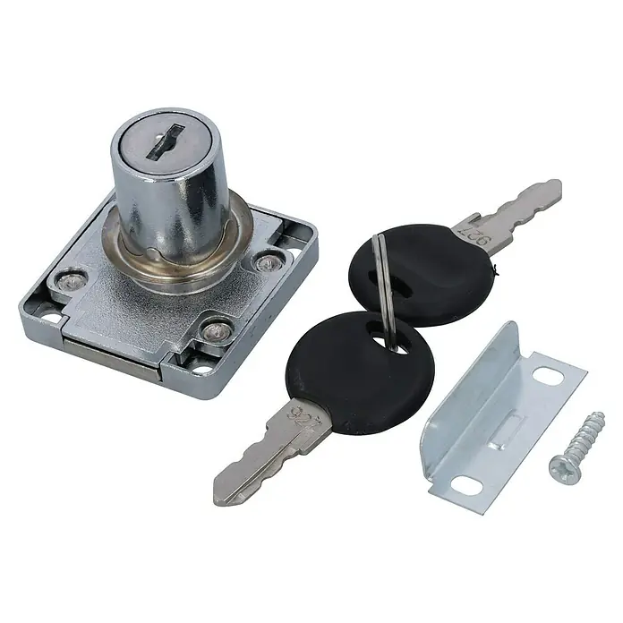 Suki Aufschraub-Riegelschloss - DIN-R, Durchmesser Zylinder: 19 mm, L x B x H: 25 x 18 x 7 mm - Abbildung eines Schrankschlosses mit zwei Schlüsseln, einem Winkel und einer Schraube.