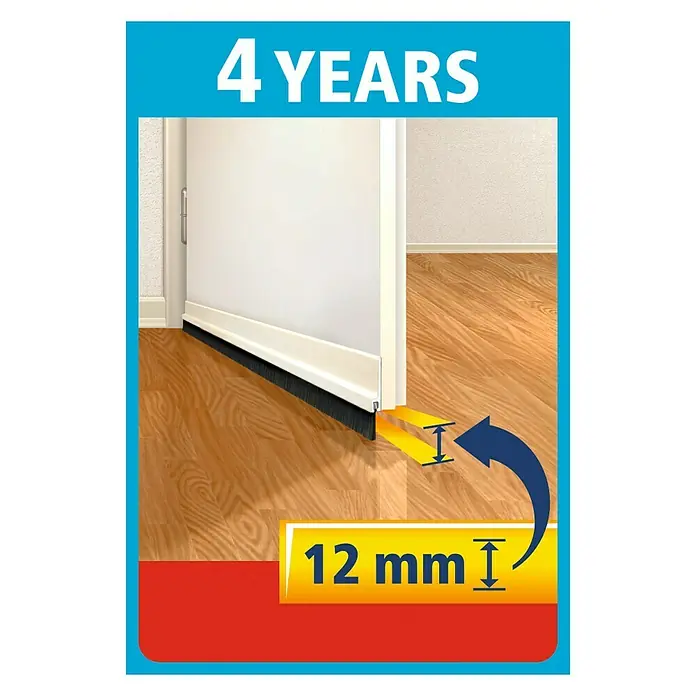 Tesa INSULATION Burlete para puerta Standard - 1 m x 12 mm, Puertas, Marrón - La imagen muestra un sello de puerta con cepillo y la especificación "12 mm", indicando un sello de hasta 12 mm.