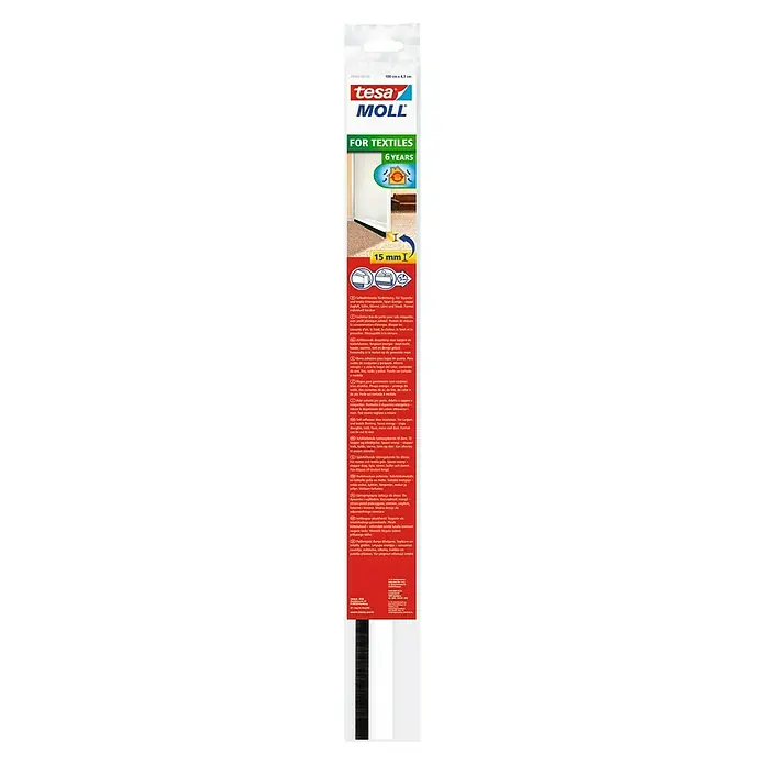 Tesa INSULATION Burlete para puerta Textil - Blanco, Apto para: Desajustes de hasta 15 mm de ancho - Cinta selladora textil Tesa Moll para sellos de puertas. Protege contra corrientes de aire, frío, polvo y ruido para suelos textiles, hasta 15 mm.