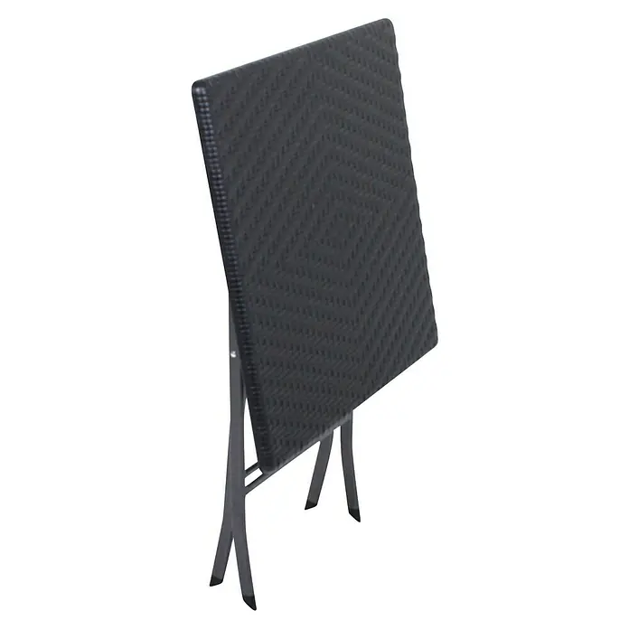 Garden Pleasure Balkonmöbel-Set Ventana - 3 -tlg., Stahl, HDPE, Schwarz, Klappbar - Dunkelgrauer Klapptisch mit strukturierter, geflochtener Oberfläche und dunklen Metallbeinen.