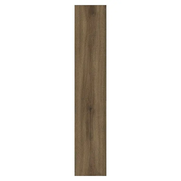 Living by Haro Hydrostar Designboden - Eiche Schokobraun, Landhausdiele, 1.282 x 235 x 6,5 mm - Detailaufnahme einer länglichen, braunen Holzfliese mit einer markanten Maserung für den Innenbereich.