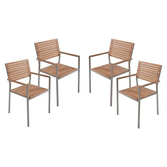 Garden Pleasure Gartenstuhl-Set Denver 4er Set - 4 Stk., Teakholz, Stapelbar, Natur, B x T x H: 53 x 50 x 86 cm - Vier Stühle aus hellem Holz mit Lamellen, silbernen Metallrahmen und Armlehnen.