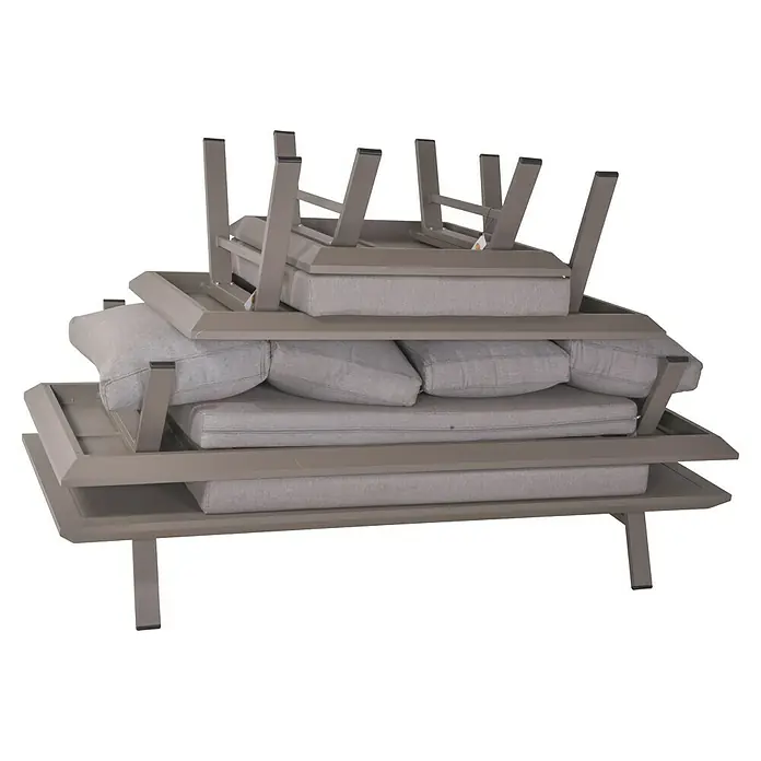 Garden Pleasure Loungemöbel-Set Celia - 4 -tlg., Aluminium, Polyester, Hellgrau - Gestapelte hellgraue Metall-Gartenmöbel mit hellgrauen Kissen, bereit zur Lagerung oder zum Transport.