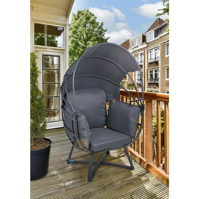 Garden Pleasure Garten-Loungesessel Delos - Anthrazit, B x T x H: 91 x 77 x 152 cm - Dunkelgrauer Outdoor-Sessel mit Verdeck auf Holzterrasse, Teil eines Balkonambientes.