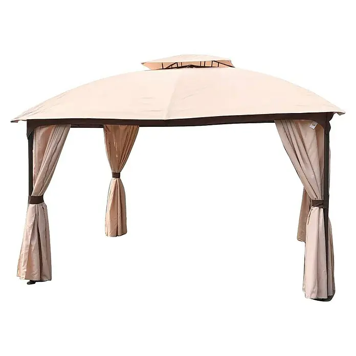 Garden Pleasure Standard-Pavillon Pires - L x B x H: 360 x 300 x 270 cm, Material Gestell: Stahl - Beiges Outdoor-Gartenpavillon mit zweistufigem Dach, dunkelbraunem Rahmen und zurückgebundenen Vorhängen.