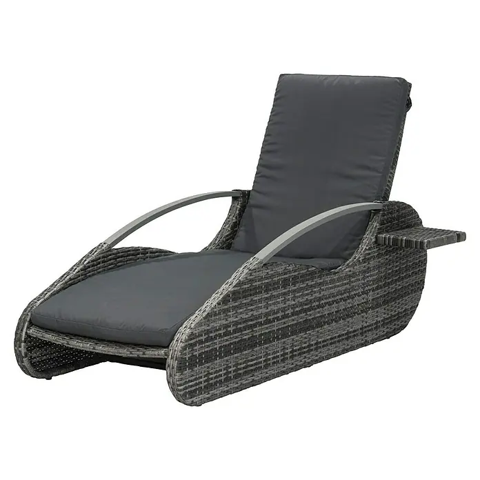 Garden Pleasure Loungeliege Alassio - Aluminium, Kunststoffgeflecht HDPE, Dunkelgrau/Anthrazit - Grauer Rattan-Loungesessel mit dunkelgrauen Kissen, silbernen Armlehnen und integriertem Beistelltisch.