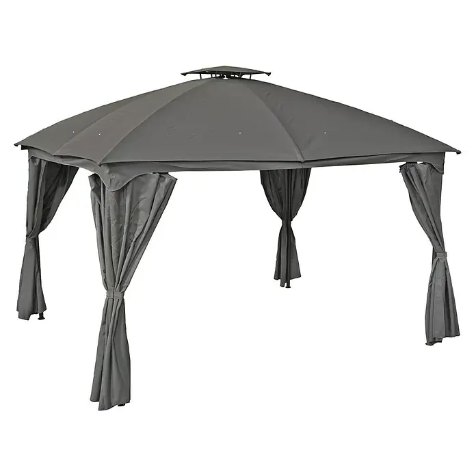 Garden Pleasure Standard-Pavillon Kama - L x B x H: 300 x 360 x 270 cm, Stahl - Graues Stoff-Pavillon mit zurückgebundenen Vorhängen für den Außenbereich.