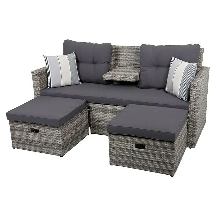 Garden Pleasure Loungesofa Valletta - B x T x H: 180 x 75 x 86 cm, 3 -tlg., Aluminium, Kunststoffgeflecht HDPE, Schwarz/Grau - Graues Rattan-Gartensofa mit dunklen Kissen und gestreiften Zierkissen, zwei Fußhockern und ausziehbarem Beistelltisch.