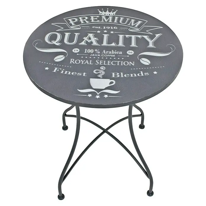 Garden Pleasure Gartenmöbel-Set Royal - 3 -tlg., Grau, Klappbar - Runder dunkelgrauer Metall-Kaffeetisch mit kaffeebasiertem weißem Aufdruck und schwarzen Metallbeinen.