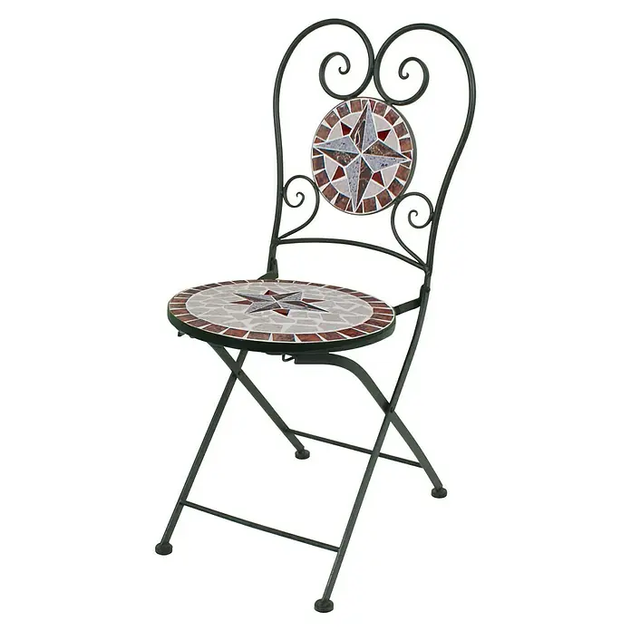 Garden Pleasure Balkonmöbel-Set Amarillo - 3 -tlg., Schmiedeeisen, Keramik, Weiß/Braun/Ocker, Klappbar - Klappbarer Gartenstuhl aus dunklem Metall mit Mosaiksitzfläche und Rückenlehne mit Sternmuster.