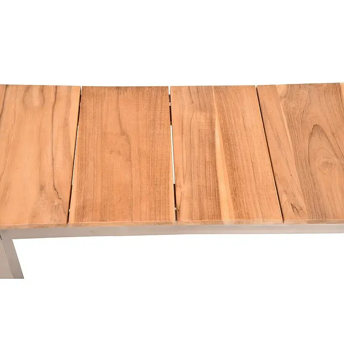 Garden Pleasure Gartenbank Dallas - B x T x H: 180 x 38 x 45 cm, Teak, Edelstahl, Natur/Silber - Nahaufnahme einer Holzlamellenoberfläche mit sichtbarer Maserung und elegantem Metallrahmen.