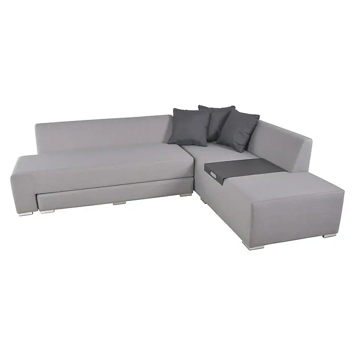 Garden Pleasure Loungemöbel-Set Wellington - 3 -tlg., Aluminium, Polyester, Hellgrau - Hellgraues L-förmiges Stoffsofa mit dunkelgrauen Kissen und passender Armlehnenablage.