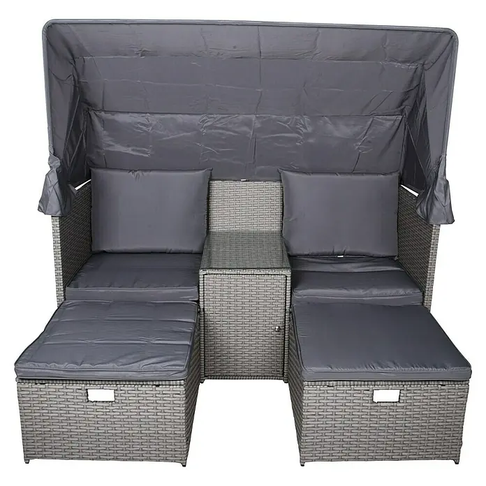 Garden Pleasure Loungesofa Saint-Tropez 2-Sitzer - B x T x H: 170 x 75 x 83 cm, Polyrattan, Schwarz/Silbergrau - Graues Rattan-Lounge-Set für den Außenbereich mit Verdeck, grauen Kissen, zwei Sitzen, zwei Fußstützen und einem zentralen Glastisch.