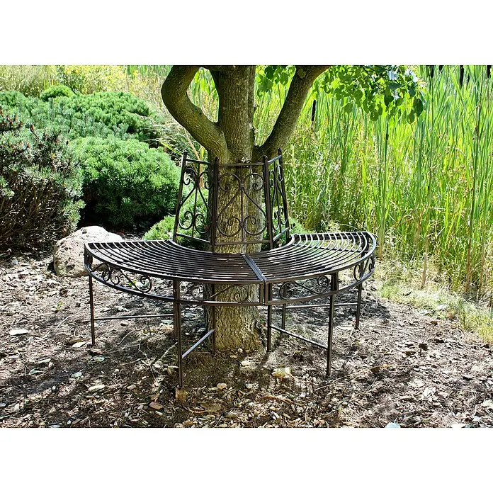 Garden Pleasure Gartenbank Narvi 180° - B x T x H: 122 x 63 x 80 cm, Stahl, Schwarz-Braun - Verzierte, dunkle Metall-Halbrundbank für Bäume, die sich um einen Baum im Garten schmiegt.