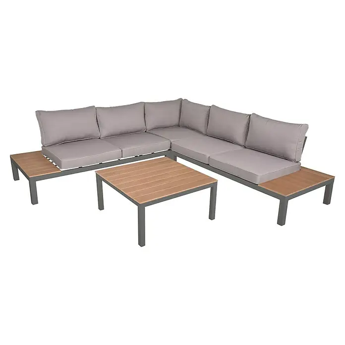 Garden Pleasure Loungemöbel-Set Valentina - 4 -tlg., Aluminium, Braun/Anthrazit - L-förmiges Outdoor-Sofa-Set mit hellgrauen Polstern, integrierten Holztischen und passendem Couchtisch.