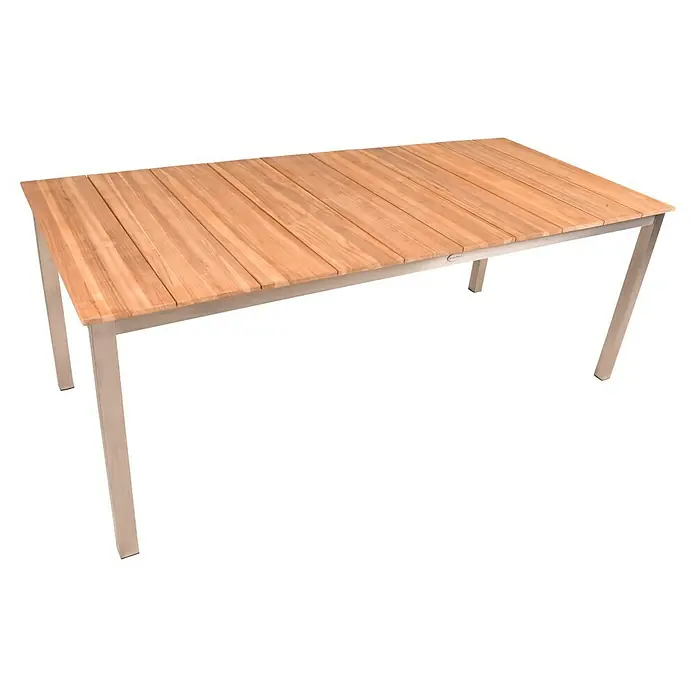 Garden Pleasure Gartentisch Dallas - L x B x H: 200 x 90 x 75 cm, Teak, Natur/Silber - Rechteckiger Outdoor-Esstisch mit heller Holzlattenplatte und silbernen Metallbeinen.