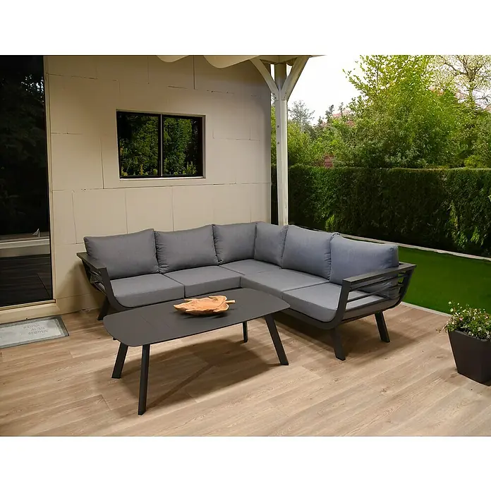 Garden Pleasure Loungemöbel-Set Aurelia - 3 -tlg., Aluminium, Polyester, Grau/Anthrazit - Dunkelgraues Outdoor-Loungeset mit Ecksofa und Couchtisch, hellgraue Kissen, auf einer Terrasse.