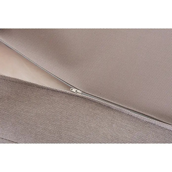 Garden Pleasure Loungemöbel-Set Celia - 4 -tlg., Aluminium, Polyester, Hellgrau - Nahaufnahme eines beigefarbenen, gewebten Bezugs mit teilweisem Reißverschluss, der ein helles Innenfutter zeigt.