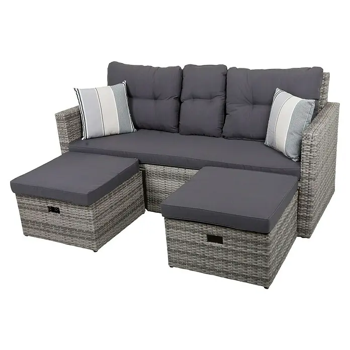 Garden Pleasure Loungesofa Valletta - B x T x H: 180 x 75 x 86 cm, 3 -tlg., Aluminium, Kunststoffgeflecht HDPE, Schwarz/Grau - Grau geflochtenes Rattan-Gartensofa-Set mit zwei Hockern, dunkelgrauen Polstern und gestreiften Kissen.
