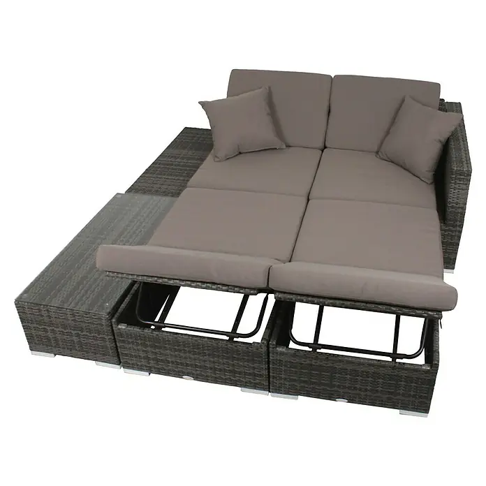Garden Pleasure Loungemöbel-Set Alcudia - 4 -tlg., Aluminium, Kunststoffgeflecht HDPE, Grau - Modulares Loungeset aus grauem Rattan mit Polstern, verstellbarem Element und Glastisch.