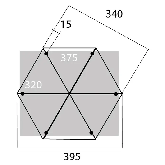 Garden Pleasure Standard-Pavillon Salmon 6-Eckig - Aluminium - Technische Zeichnung eines sechseckigen Rahmens, in sechs Dreiecke unterteilt, mit Maßen wie 320, 375, 395, 340 und 15.