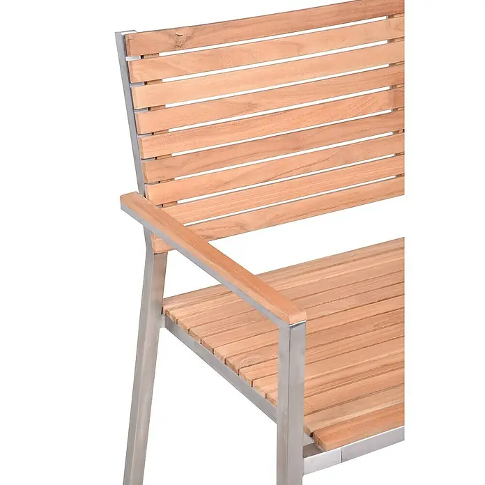 Garden Pleasure Gartenbank Denver 3-Sitzer - B x T x H: 144 x 56 x 86 cm, Teak, Edelstahl, Natur/Silber - Gartenstuhl mit hellbraunen Holzlatten und silbernem Metallrahmen.