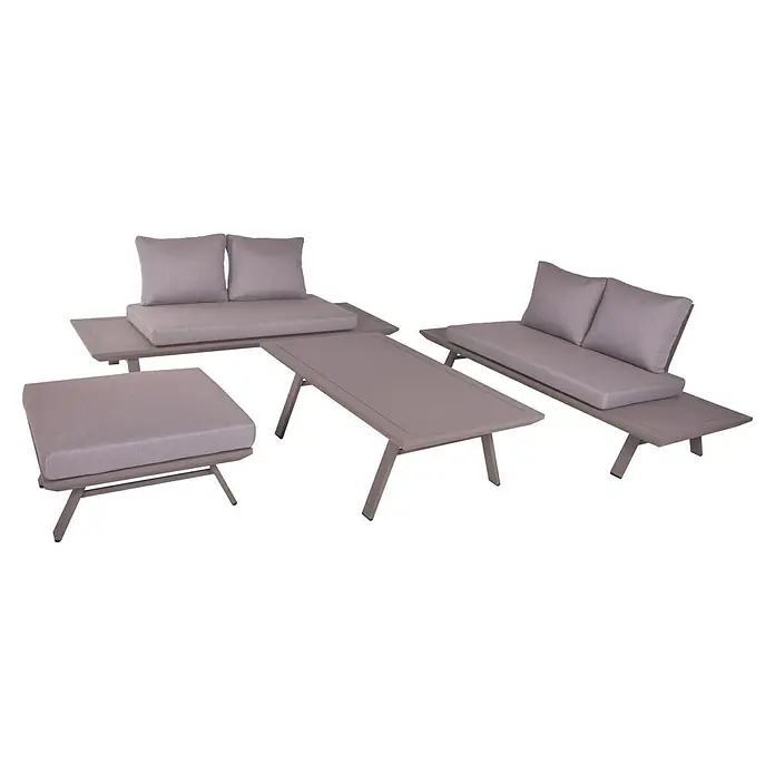 Garden Pleasure Loungemöbel-Set Celia - 4 -tlg., Aluminium, Polyester, Hellgrau - Helles graues Outdoor-Lounge-Set mit zwei Sofas, einem Hocker und einem Couchtisch.
