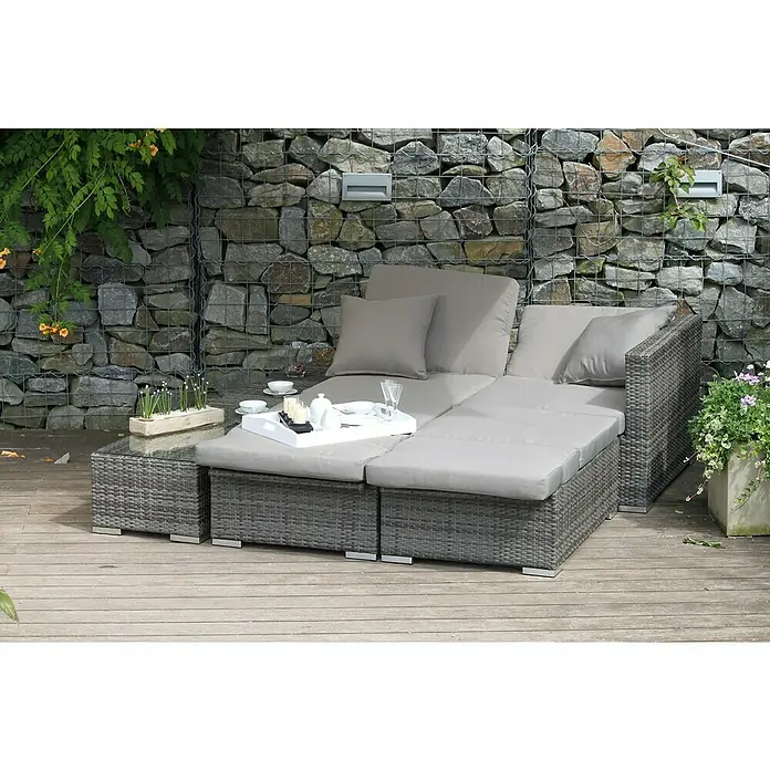 Garden Pleasure Loungemöbel-Set Alcudia - 4 -tlg., Aluminium, Kunststoffgeflecht HDPE, Grau - Modulares Outdoor-Loungeset aus dunkelgrauem Polyrattan mit hellgrauen Kissen, als Ecksofa mit Beistelltisch arrangiert.