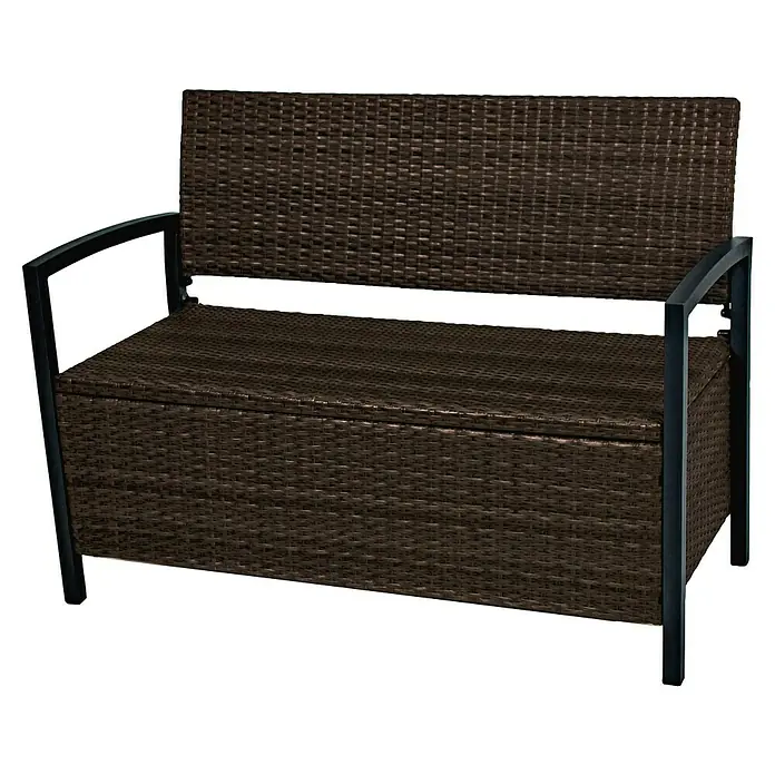 Garden Pleasure Gartenbank Ferrara - B x T x H: 117 x 58 x 86 cm, Aluminium, Polyrattan, Braun - Braune Outdoor-Aufbewahrungsbank aus Korbgeflecht mit schwarzem Metallrahmen und Armlehnen.
