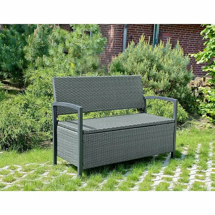 Garden Pleasure Gartenbank Ferrara - B x T x H: 117 x 58 x 86 cm, Aluminium, Polyrattan, Grau - Graue Rattan-Optik Gartenbank mit Stauraum und dunklem Rahmen.