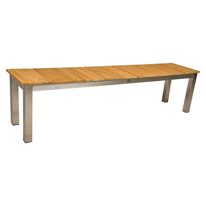 Garden Pleasure Gartenbank Dallas - B x T x H: 180 x 38 x 45 cm, Teak, Edelstahl, Natur/Silber - Rechteckiger Gartentisch mit Holzlattenplatte und Edelstahlgestell und -beinen.